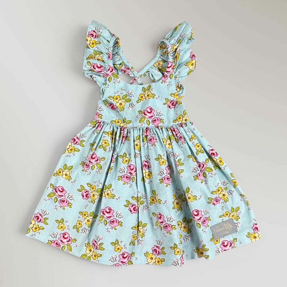 Eleanor Rose Girl's Floral Dress Flutter Sleeves Boutique Blue Flowers Size 2